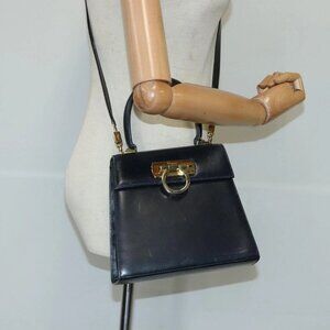 Salvatore Ferragamo Gancini Hand Bag Leather 2way Navy Gold Auth